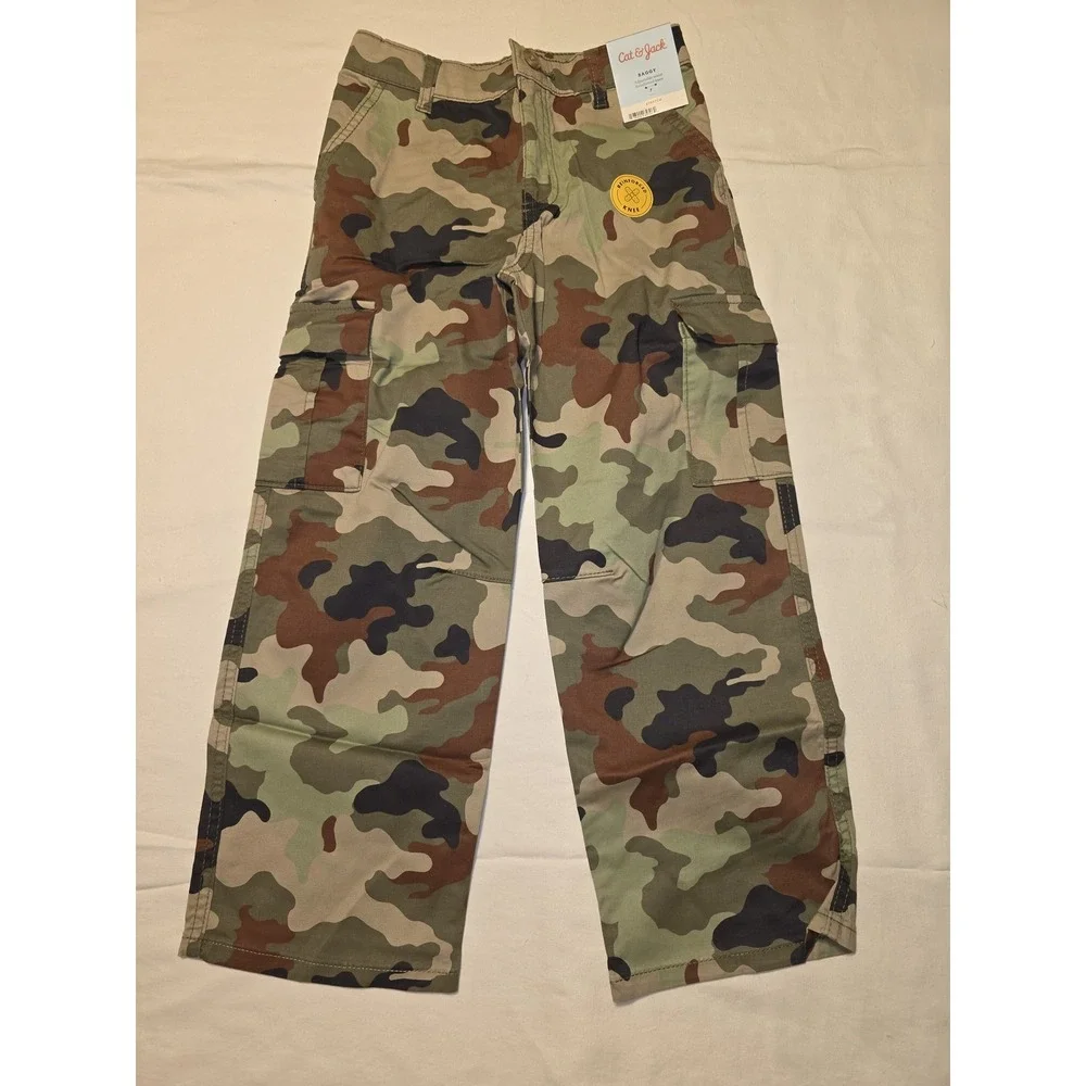 Cat & Jack Boys Baggy Cargo Pants Camo Khaki Reinforced Knee Size 7